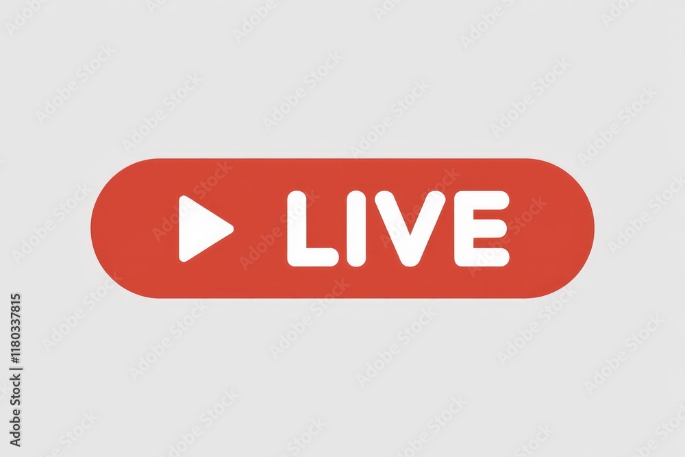 Poster red button with a play icon and the word live indicating a live stream.