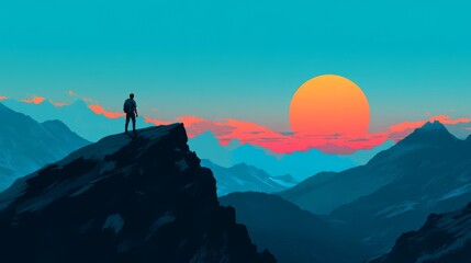 a tourist with a backpack stands on the top of a mountain and looks at the sunset