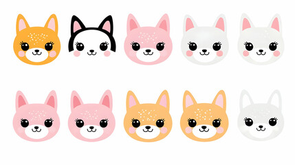 Naklejka premium Cute cartoon puppy faces, various colors, white background, for kids' design.