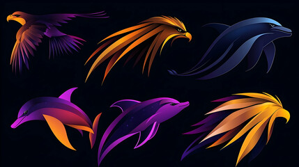 Fototapeta premium Abstract stylized animal logos eagle, dolphin, set for branding, graphic design.