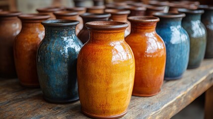 Rustic ceramic jars on a wooden shelf