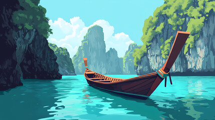 Longtail boat sailing through tranquil turquoise waters with towering limestone cliffs in the distance. Flamestone. Illustration