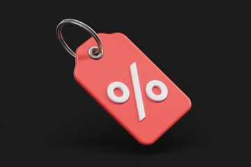 Red discount tag with percentage symbol,  representing sales and promotions.