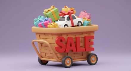 Obraz premium Shopping cart filled with gift boxes and toy car highlighting seasonal sale