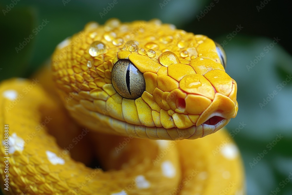 Poster a close-up image of a yellow snake's head, with the snake's features visible