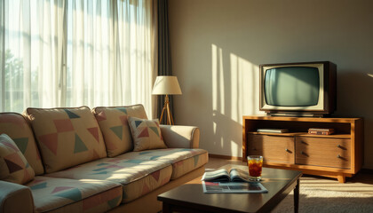Art deco interor living room with a large window, curtains, a sofa, a coffee table, and a record player.