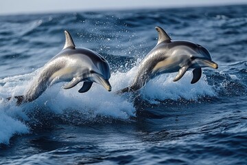 Fototapeta premium Two dolphins leaping out of the ocean, showcasing their playful nature