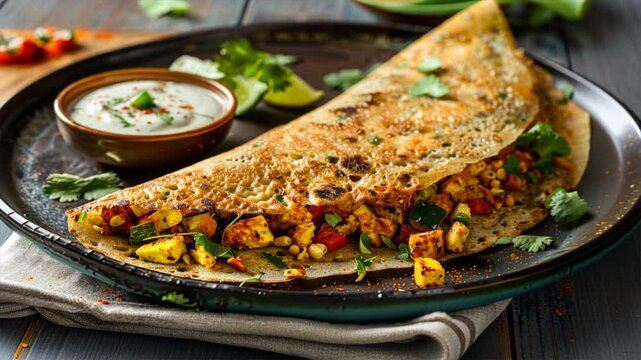 Delicious vegetarian dosa filled with spiced vegetables and paneer, served with yogurt dip and lime, vibrant Indian cuisine meal bursting with flavors and spices.