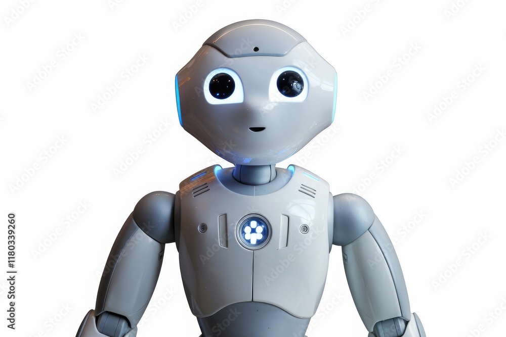 Poster a friendly humanoid robot with expressive eyes and a sleek design.