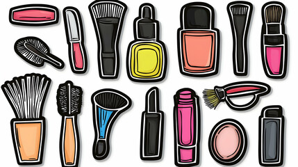 Fototapeta premium Colorful makeup tools and products, graphic illustration, various beauty supplies.