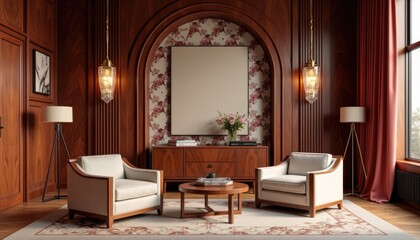 Art deco interior living room with wooden paneling, a large mirror, and two white armchairs arranged around a wooden coffee table.