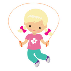 Cute little girl with a skipping rope vector cartoon illustration