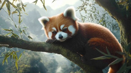 Fototapeta premium chubby red panda, sitting on a tree branch, surrounded by bamboo leaves, misty mountain background, generative ai