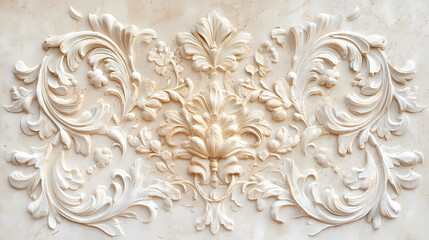 Ornate vintage limestone wall with intricate floral patterns soft cream and ivory tones textured surface catching shadows warm ambient lighting enhancing depth and details. Flamestone. Illustration