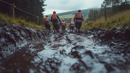 A group of participants struggling through deep, slippery mud during an obstacle course race, with ropes, walls, and muddy hills in the distance