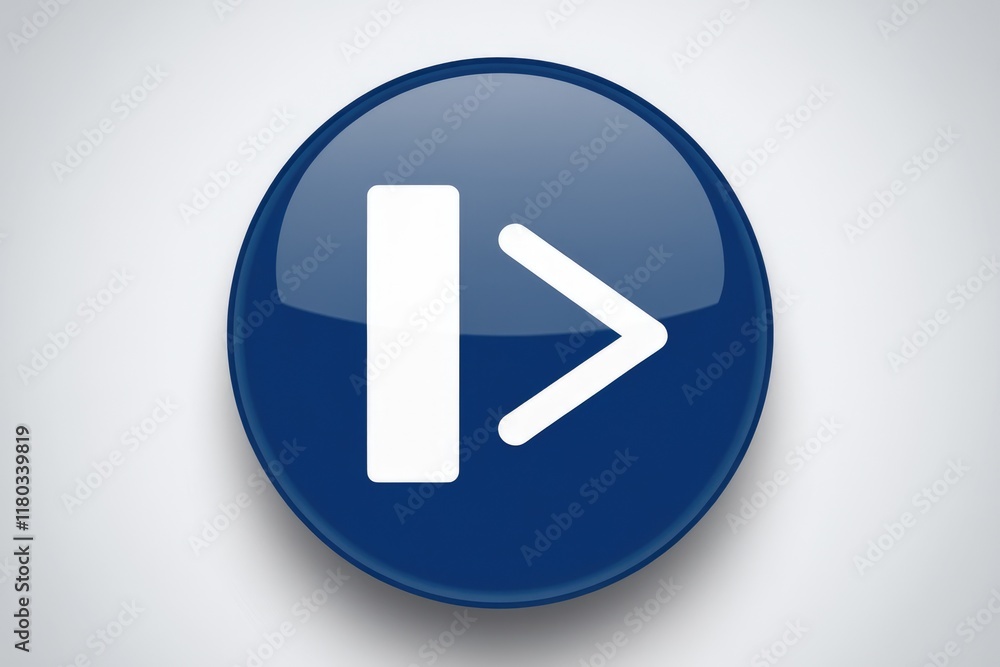 Poster A blue circular button with a white rewind/forward arrow symbol, indicating navigation or media control.