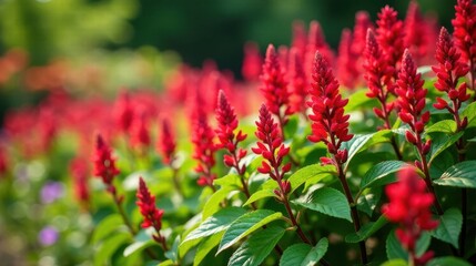 Vibrant Red Flowers in a Lush Garden Setting, Blooming in the Sunlight