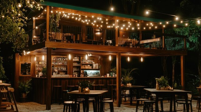 Tropical bar at night, wooden structure, outdoor dining.