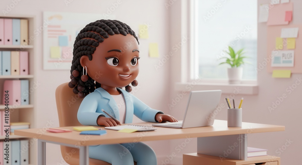 Poster charming character working at desk in modern office setting