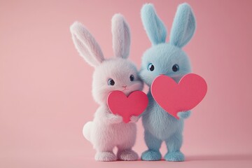 Two 3d Plush Bunny Doll Love Bunnies Light Blue Boy Girl Holding Pink Heart Valentine's Day Greeting Card