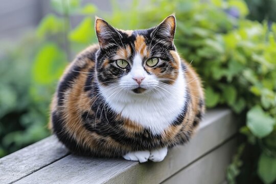 A domesticated calico cat sits comfortably on top of a weathered wooden bench