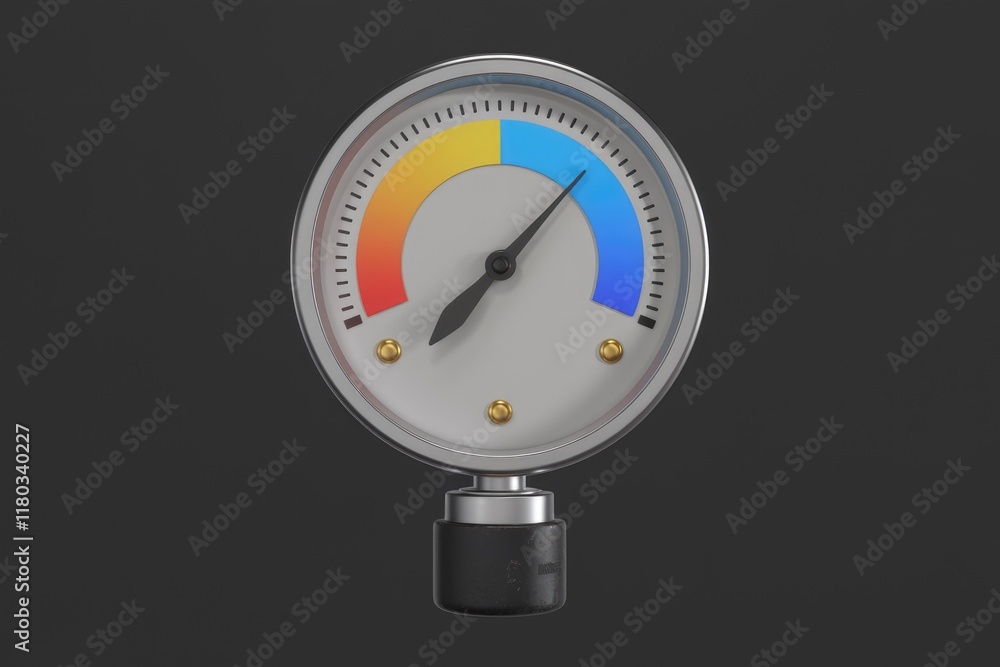 Poster A circular gauge with a needle indicating a temperature or pressure level, featuring a color-coded scale.