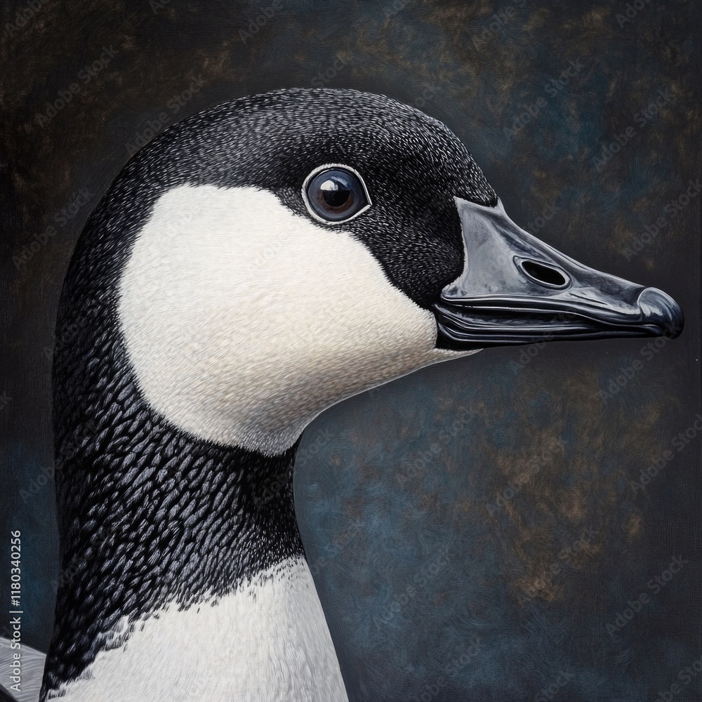 Poster a close-up of a duck's head against a dark background