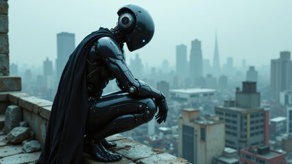 Fototapeta premium Sentient AI robot contemplating its surroundings on top of a building with a city skyline view.