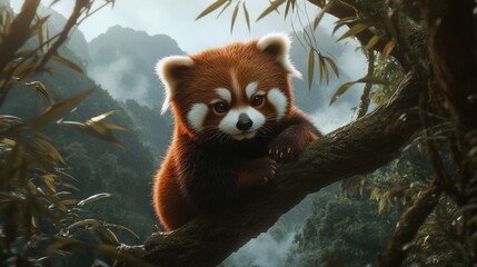 Obraz premium chubby red panda, sitting on a tree branch, surrounded by bamboo leaves, misty mountain background, generative ai