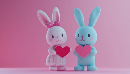 Obraz premium Two 3d Plush Bunny Doll Love Bunnies Light Blue Boy Girl Holding Pink Heart Valentine's Day Greeting Card
