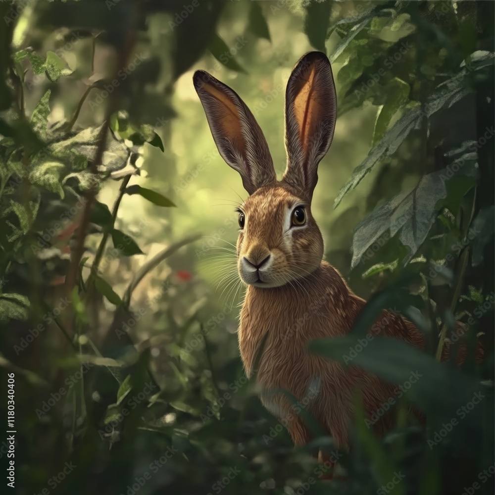 Poster a brown rabbit stands alone in the middle of a dense forest, surrounded by trees and foliage