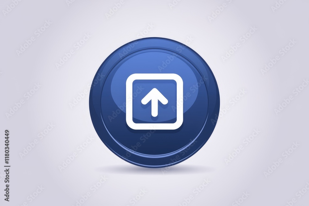 Poster A blue circular button with a white square and upward arrow, symbolizing upload or elevation.