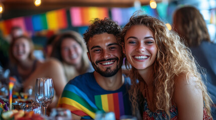 Naklejka premium A happy LGBTQ+ couple enjoying a celebratory dinner, surrounded by friends and family, with rainbow flags subtly displayed in the decor