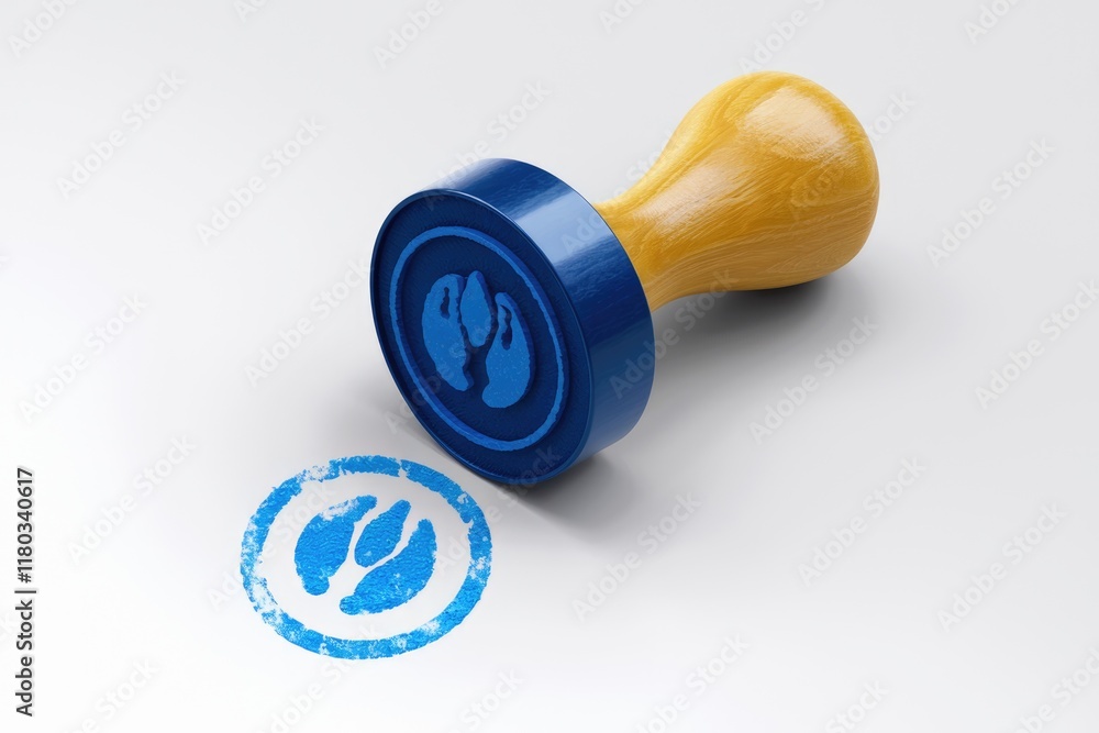 Poster a blue rubber stamp with a double footprint design leaves a matching imprint on white paper.