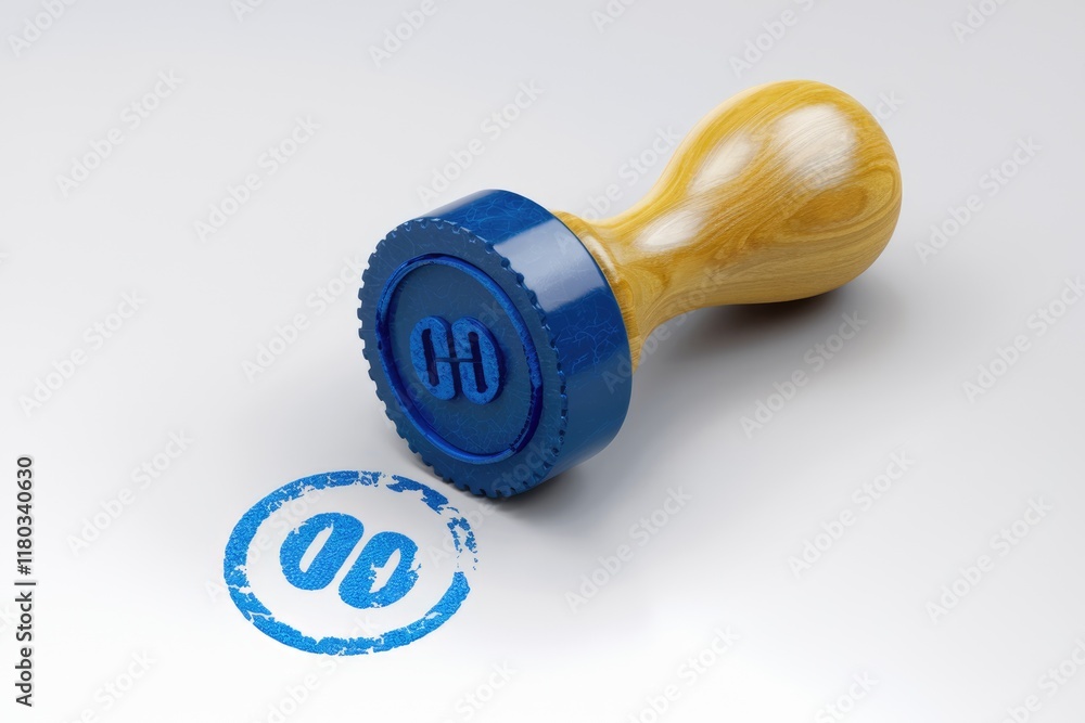 Poster A blue and wooden stamp with a double parallel lines symbol, leaving an imprint on a white surface.