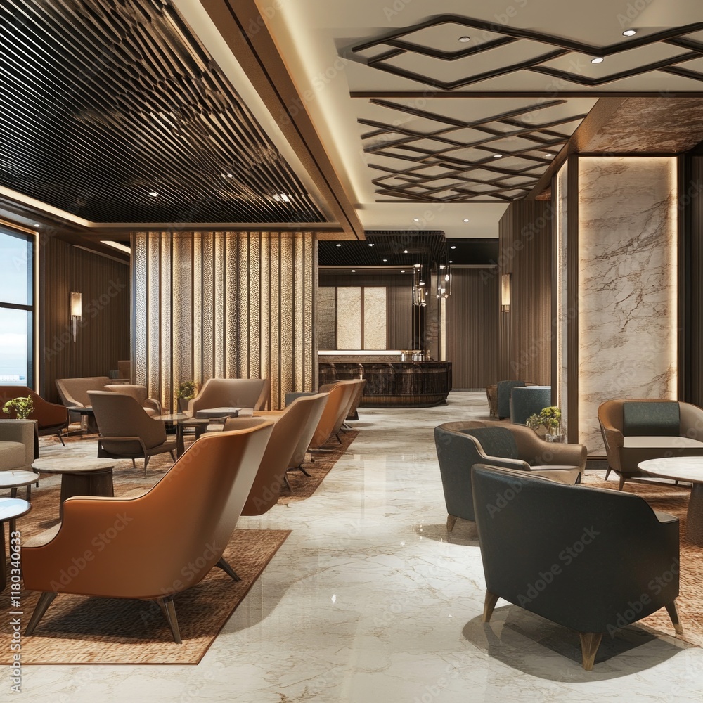 Poster a modern lobby with many chairs and tables, ideal for meetings and gatherings