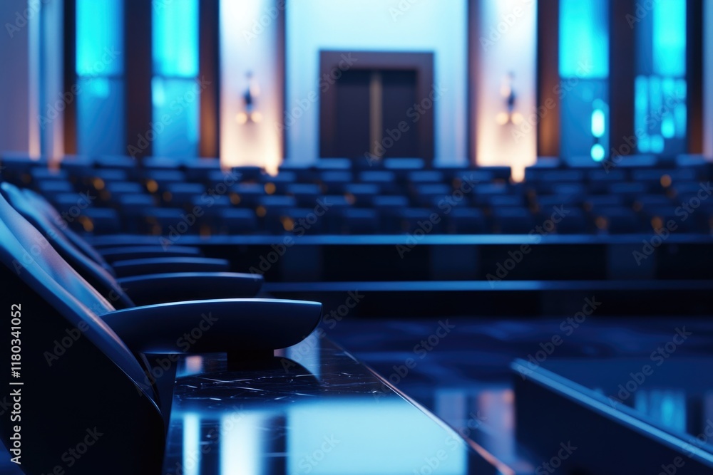 Poster a large auditorium with empty seats and blue lights, ideal for use in concert or event scenes