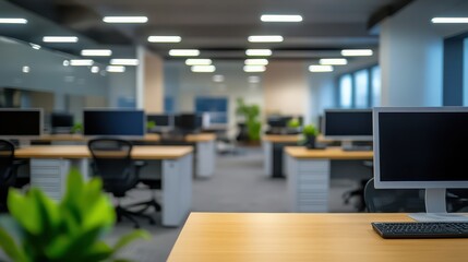 Blurred empty open space office. Abstract light bokeh at office interior background for design.