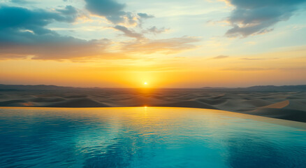 Fototapeta premium Outdoor infinity pool with views of sandy dunes in a desert