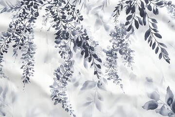 Graceful wisteria branches in Japanese ink wash technique, draping florals, subtle gradient washes