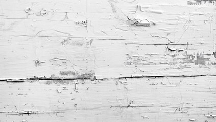 Obraz premium Close-up of white painted wood with peeling paint, showing texture and age. Monochrome palette.