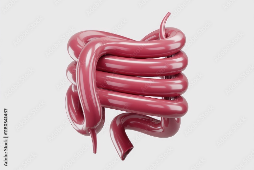 Poster abstract 3d rendering of a twisted, pink, tube-like structure resembling intestines.