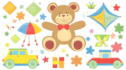Fototapeta premium Cute cartoon teddy bear and children's toys, colorful design elements, playtime background.