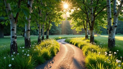 Obraz premium Serene sunrise path lined with birch trees and wildflowers
