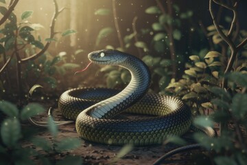 Fototapeta premium A majestic snake, scales gleaming, rests amidst sunlit forest foliage, a scene of serene natural beauty.