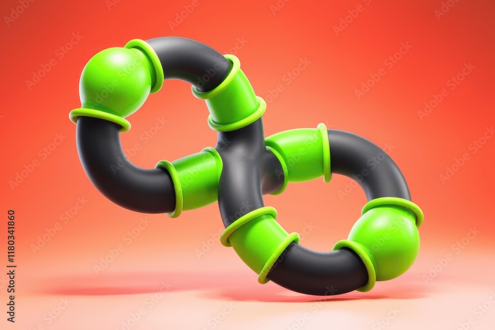 Poster Abstract 3D render of interconnected green and black pipes forming an infinity symbol, symbolizing endless connection or continuous flow.