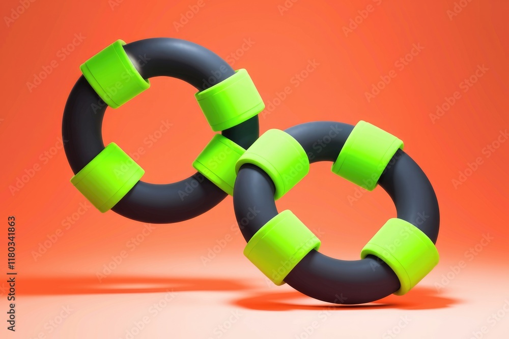 Poster interlocking lime green and dark grey rings create an abstract infinity symbol against a coral backg