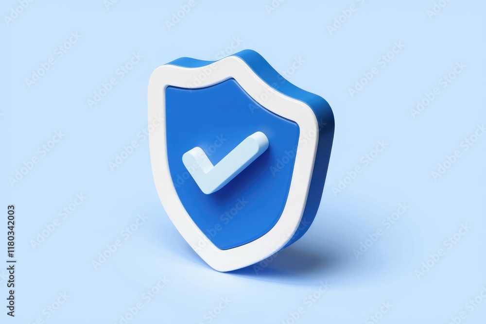 Poster 3d render of a blue shield with a checkmark, symbolizing security and protection.