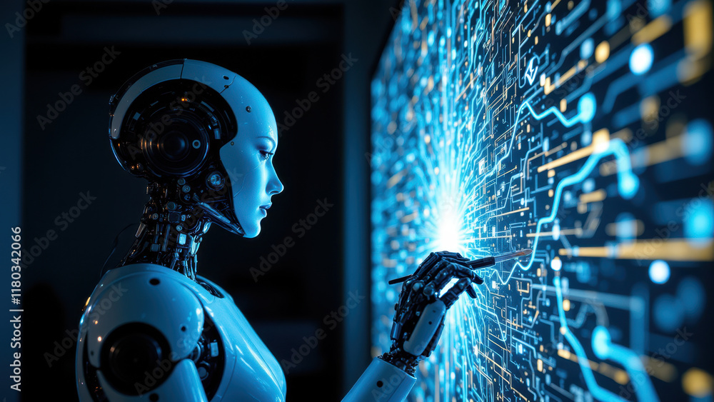 Poster a robot inspecting intricate circuitry on a glowing panel.