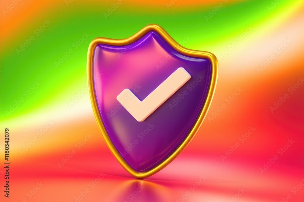 Poster a purple shield with a gold border and a white checkmark symbolizes security and approval.